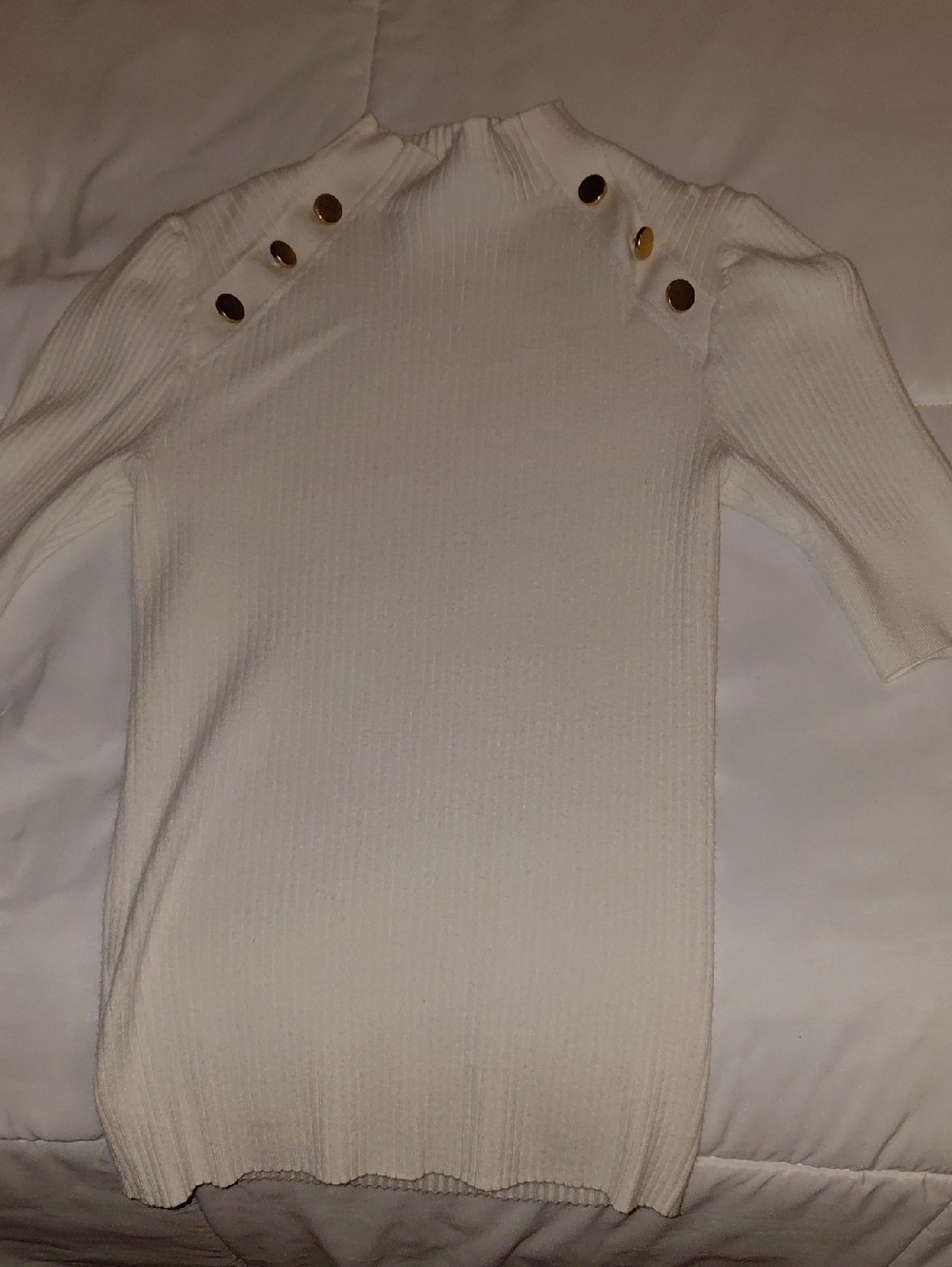 LOFT Cream Ribbed Turtleneck Sweater with Gold Shoulder Buttons